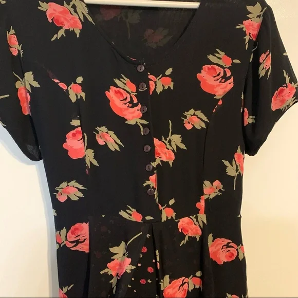 Indira L rayon midi dress ditzy floral flowers roses button front lined soft - Picture 4 of 14